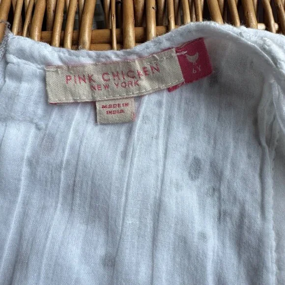 PINK CHICKEN White Eyelet Dress Girls 6 Boho Tiered Lace Summer Fringe Trim - Picture 5 of 6